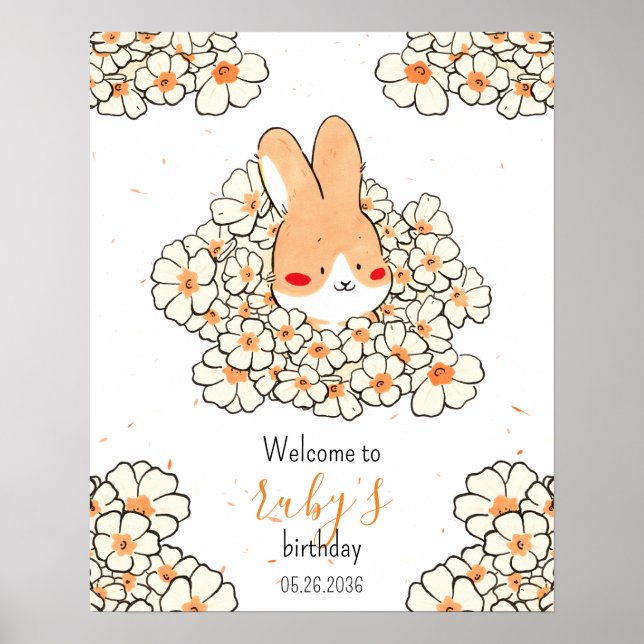 Affiche anniversaire personnalisé lapin fleurs (Devant)