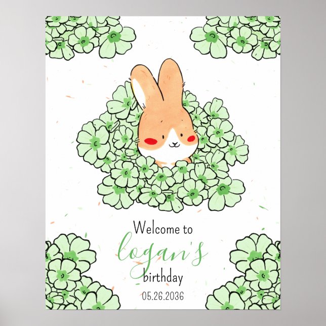 Affiche anniversaire personnalisé lapin fleurs (Devant)