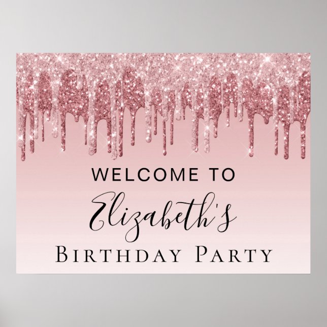 Affiche Anniversaire Pink Rose Gold Parties scintillant Bi (Devant)