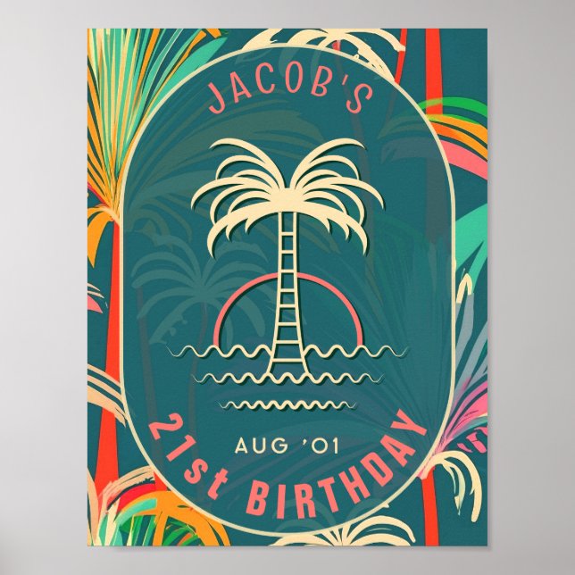 Affiche Anniversaire Plage palmier tropical Plage d'arbre  (Devant)