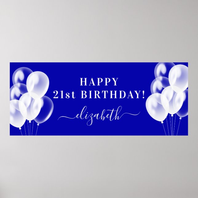 Affiche Anniversaire royal bleu blanc ballons nom script (Devant)