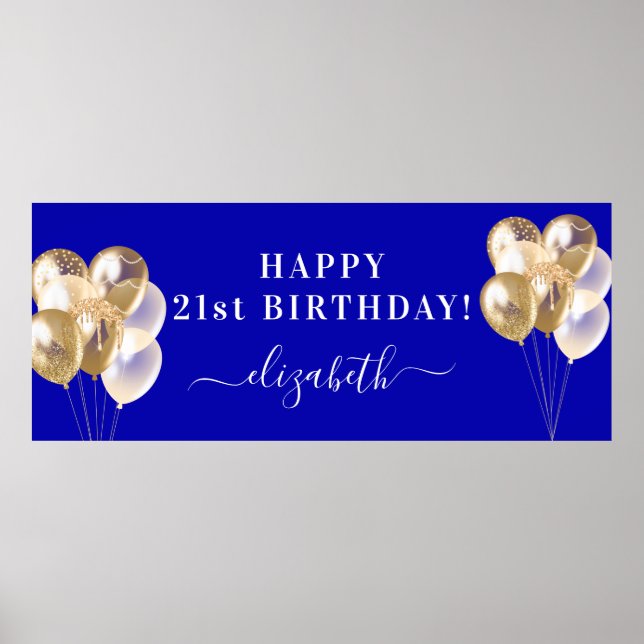 Affiche Anniversaire royal bleu or ballons nom script (Devant)
