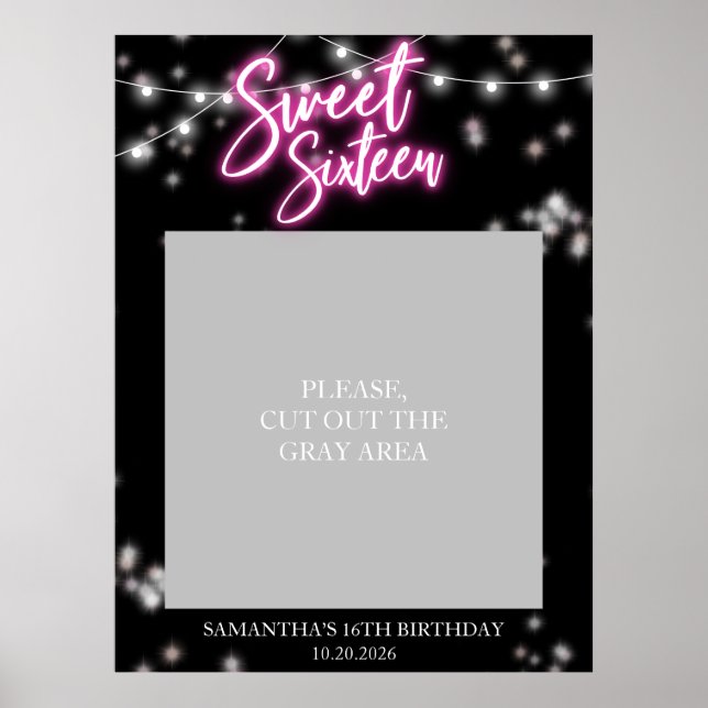 Affiche Anniversaire Sweet 16 Fête Rose Néon Sombre (Devant)