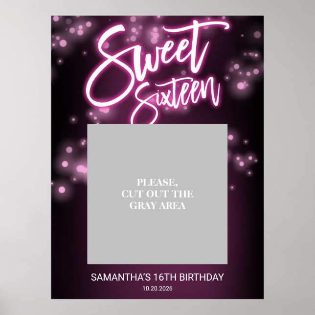 Affiche Anniversaire Sweet 16 Fête Rose Néon Sombre (Devant)