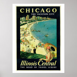 Affiche Annonce vintage de voyage de plage de Chicago des