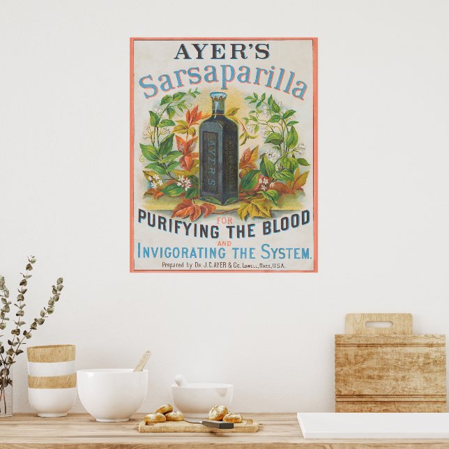 Affiche Annonce Vintage Pour la Sarsaparilla d'Ayer. (Cuisine)