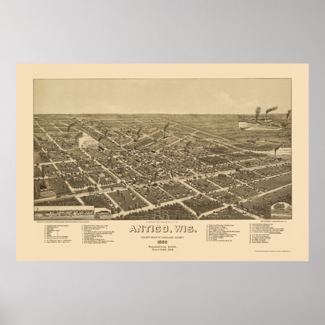 Affiche Antigo, WI Carte Panoramique - 1886 (Devant)