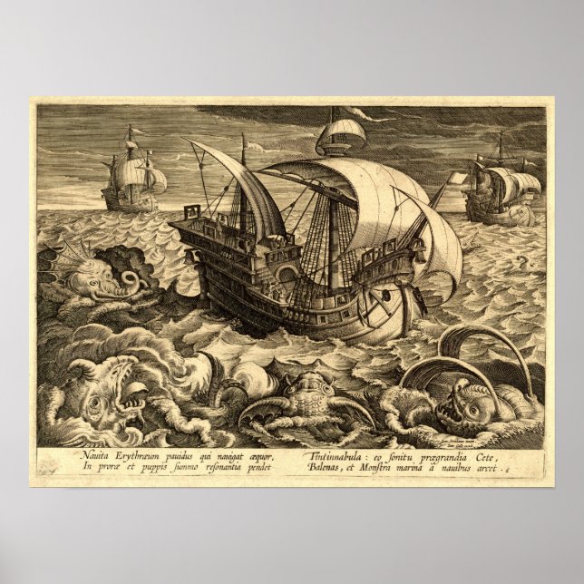 Affiche Antique 1590 Navires Et Monstres De Mer (Devant)