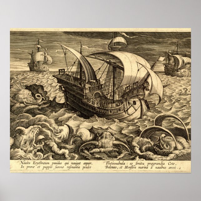 Affiche Antique 1590 Navires et monstres marins (Devant)