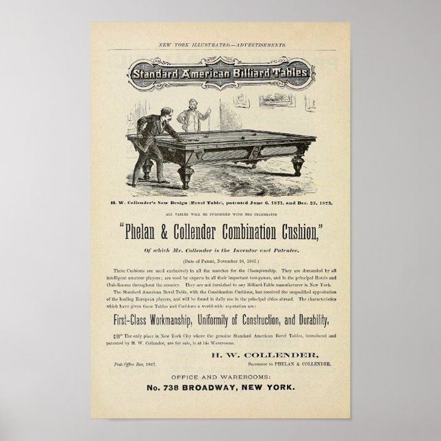 Affiche Antique 1874 Billiard Tables et (Devant)
