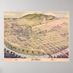 Affiche Antique 1885 Carte d'El Paso, Texas, USA