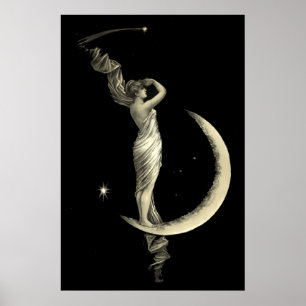 Affiche Antique 1889 Femme Sur Crescent Moon