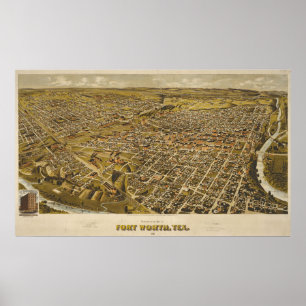 Affiche Antique 1891 Carte de Fort Worth, Texas, USA
