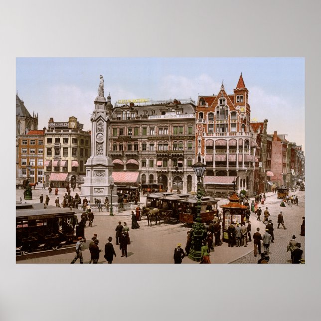 Affiche Antique Amsterdam Dam 1900, Hollande (Devant)