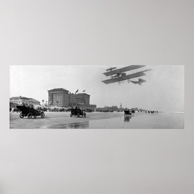 Affiche Antique Biplane sur Daytona Beach, Floride, 1911 (Devant)