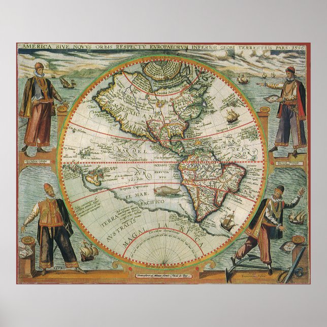 Affiche Antique carte du Vieux Monde des Amériques, 1597 (Devant)