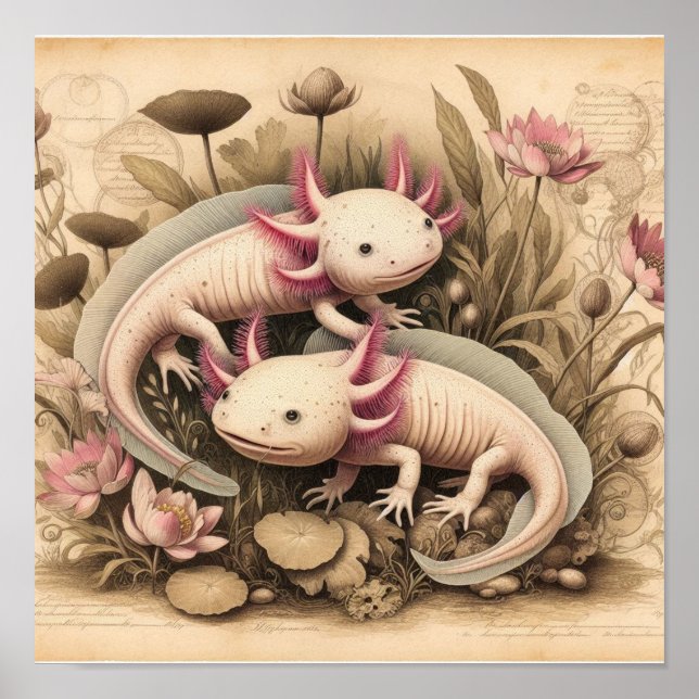 Affiche Antique d'Axolotl avec Plante Scientifique (Devant)