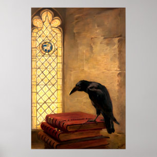 Affiche Antique gothique corbeau sur des livres médiévaux