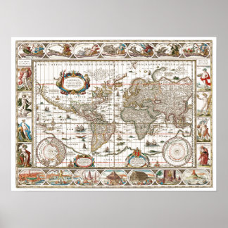 Affiche Antique Historique Ancien Monde Atlas Continents