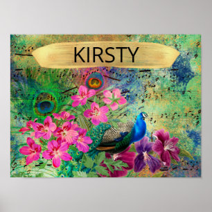 Affiche Antique Illustrated Peacock & Flowers Grunge