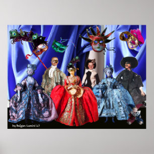 AFFICHE ANTIQUE ITALIENNE PUPPETS MASQUERADE COSTUME PARTI