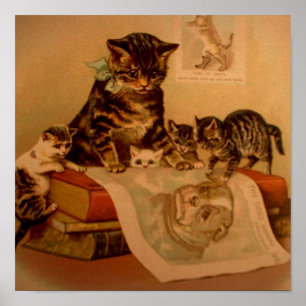Affiche Antique Kittens & Books Kitty School