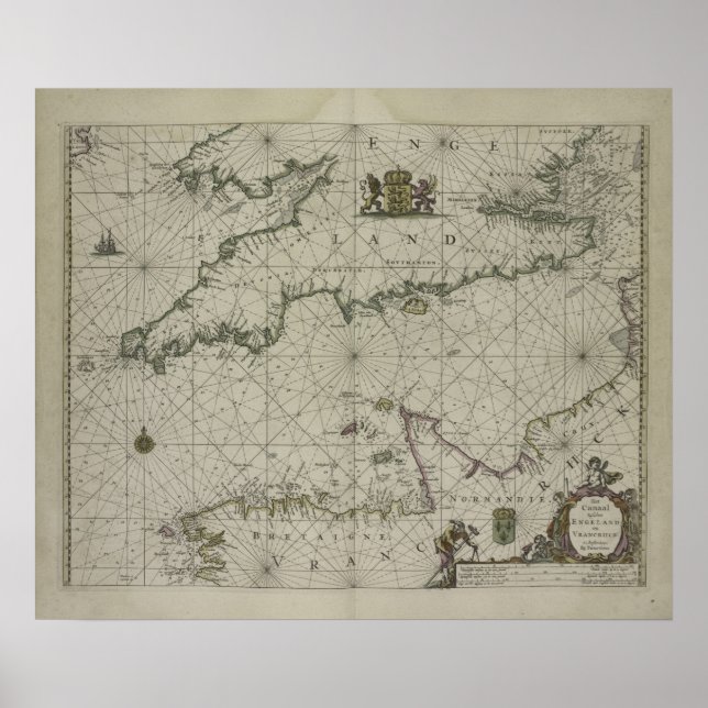 Affiche Antique Map of Channel, 1666 (colour engraving) (Devant)