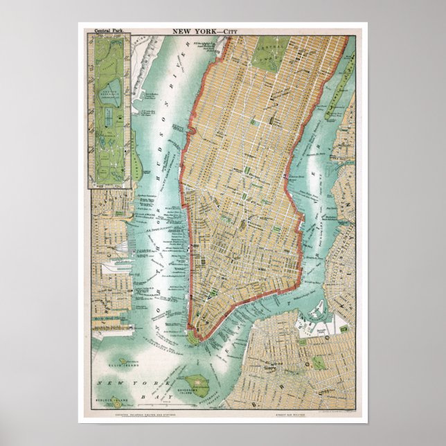 Affiche Antique Map of Lower Manhattan and Central Park (Devant)