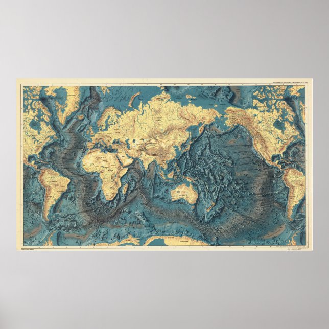 Affiche Antique Ocean Relief World Map: Yellow Continents  (Devant)