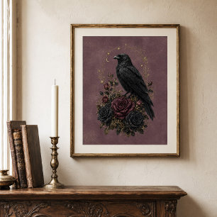 Affiche Antique prune victorien gothique corbeau floral 