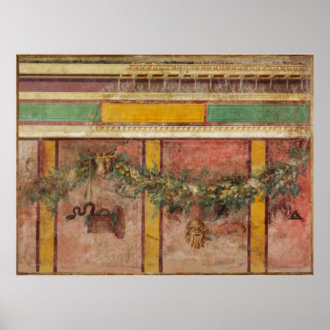 AFFICHE ANTIQUE ROMAN FRESCO,SATYR MASK,GARLAND,FRUITS  (Devant)