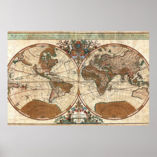 Affiche antique vintage 1691 Sanson carte du monde