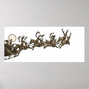 Affiche Antique vintage Sepia Père Noël Sleigh Reindees