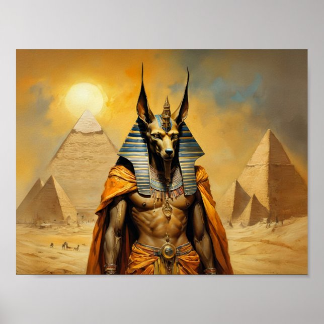 Affiche Anubi Le Dieu égyptien avec des pyramides (Devant)