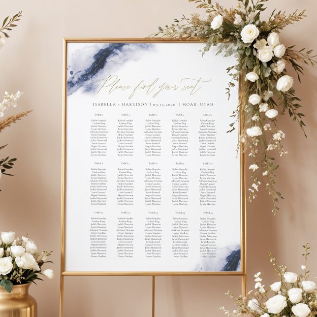Affiche ANYA | Marine Blue Watercolor Gold Seating Chart (Créateur téléchargé)