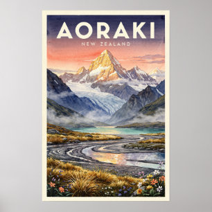 Affiche Aoraki Mont Cook Nouvelle-Zélande Voyage Rétro