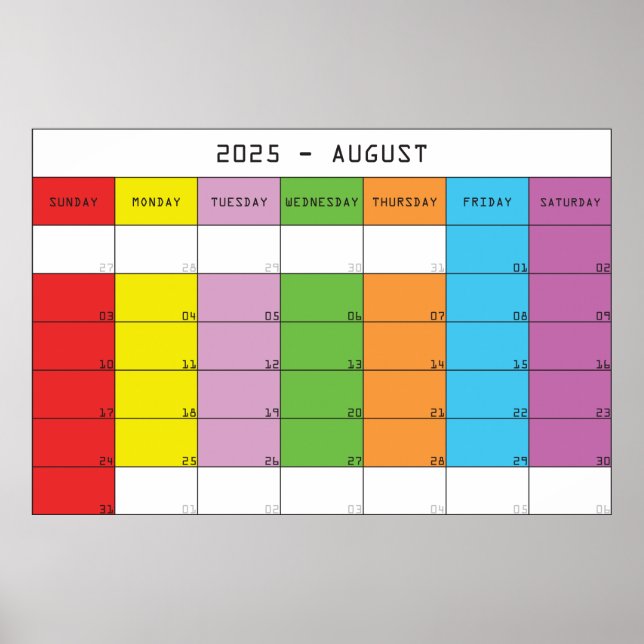 Affiche Août 2025 jours de couleur calendrier planificateu (Devant)