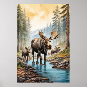 Affiche *~* AP49 MOOSE Herd Stream Nature Forest