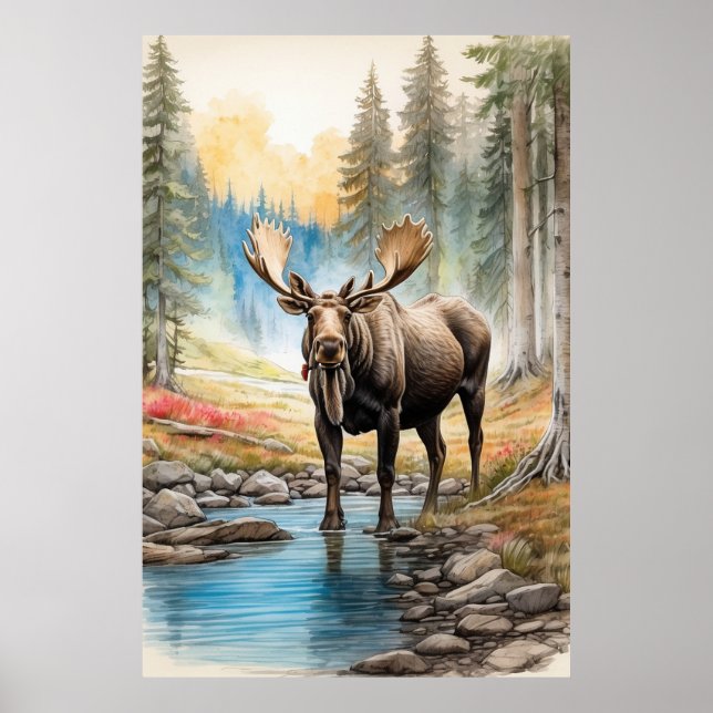 Affiche *~* AP49 MOOSE Rocks Stream Forest Nature (Devant)