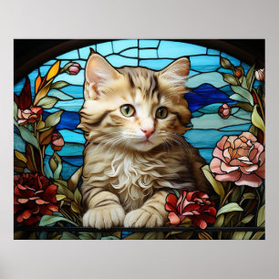 Affiche *~* AP68 5:4 Chat Félin Kitty Chaton Vitrail
