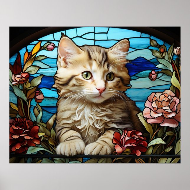 Affiche *~* AP68 5:4 Chat Félin Kitty Chaton Vitrail (Devant)