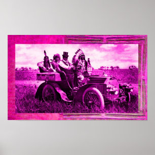 AFFICHE APACHES ET GERONIMO CONDUISANT UNE VOITURE À MOTEU