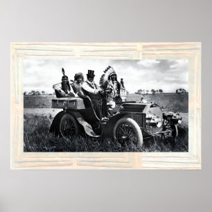 AFFICHE APACHES ET GERONIMO CONDUISANT UNE VOITURE AUTOMOB