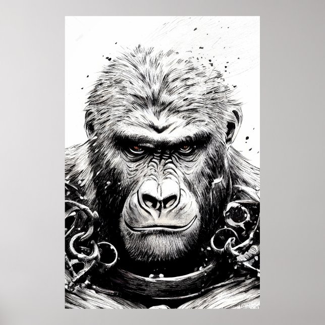 Affiche Ape Monkey Wild Nature Illustration Line Art épiqu (Devant)