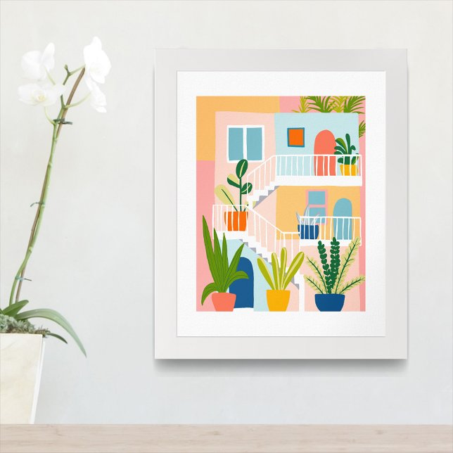 Affiche Appartement Tropical Coloré Illustration Art Cool (Colorful Tropical Apartment Building architecture Illustration Art Poster
)