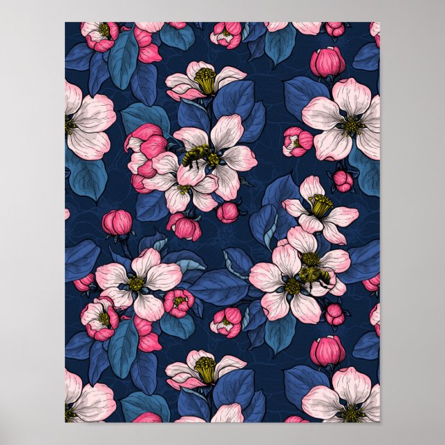 Affiche Apple blossom on a dark blue (Devant)