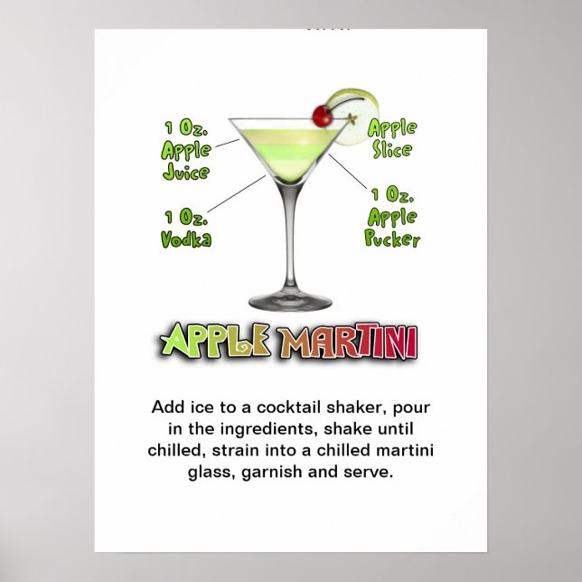 Affiche Appletini - Apple Martini Cocktail Recette 18"x24" (Devant)
