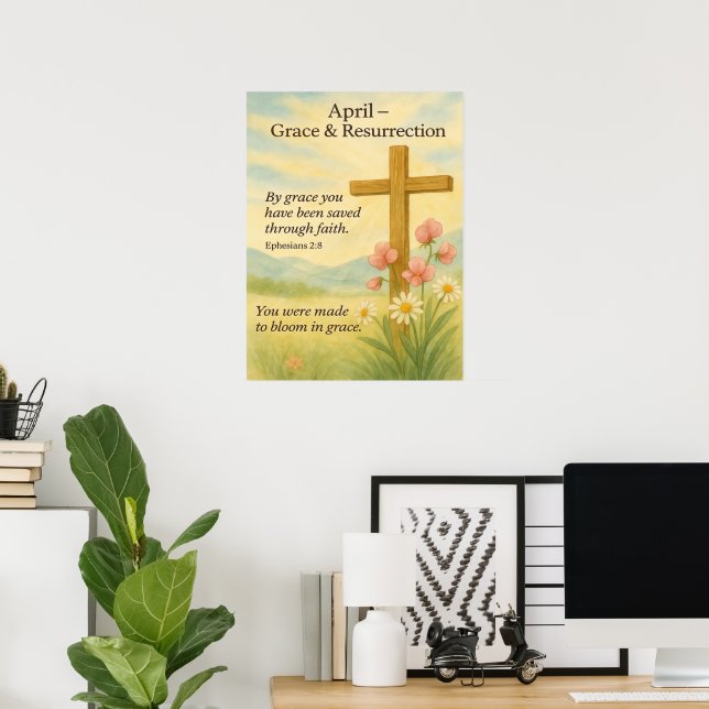 Affiche April Birthday Bible Verse Cross and Resurrection  (Bureau à domicile)