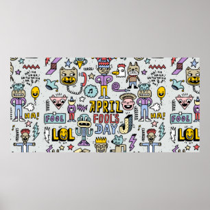 Affiche April fools day drôle doodle colorful set 1. Vinta