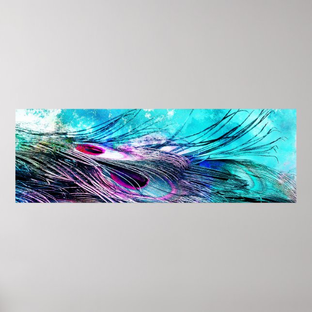 Affiche Aqua Abstrait et Magenta Closeup Peacock Feathers (Devant)